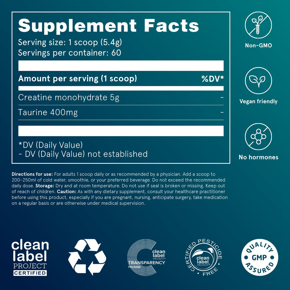 Puori Creatine Monohydrate and Taurine ingredients label emphasizes purity.
