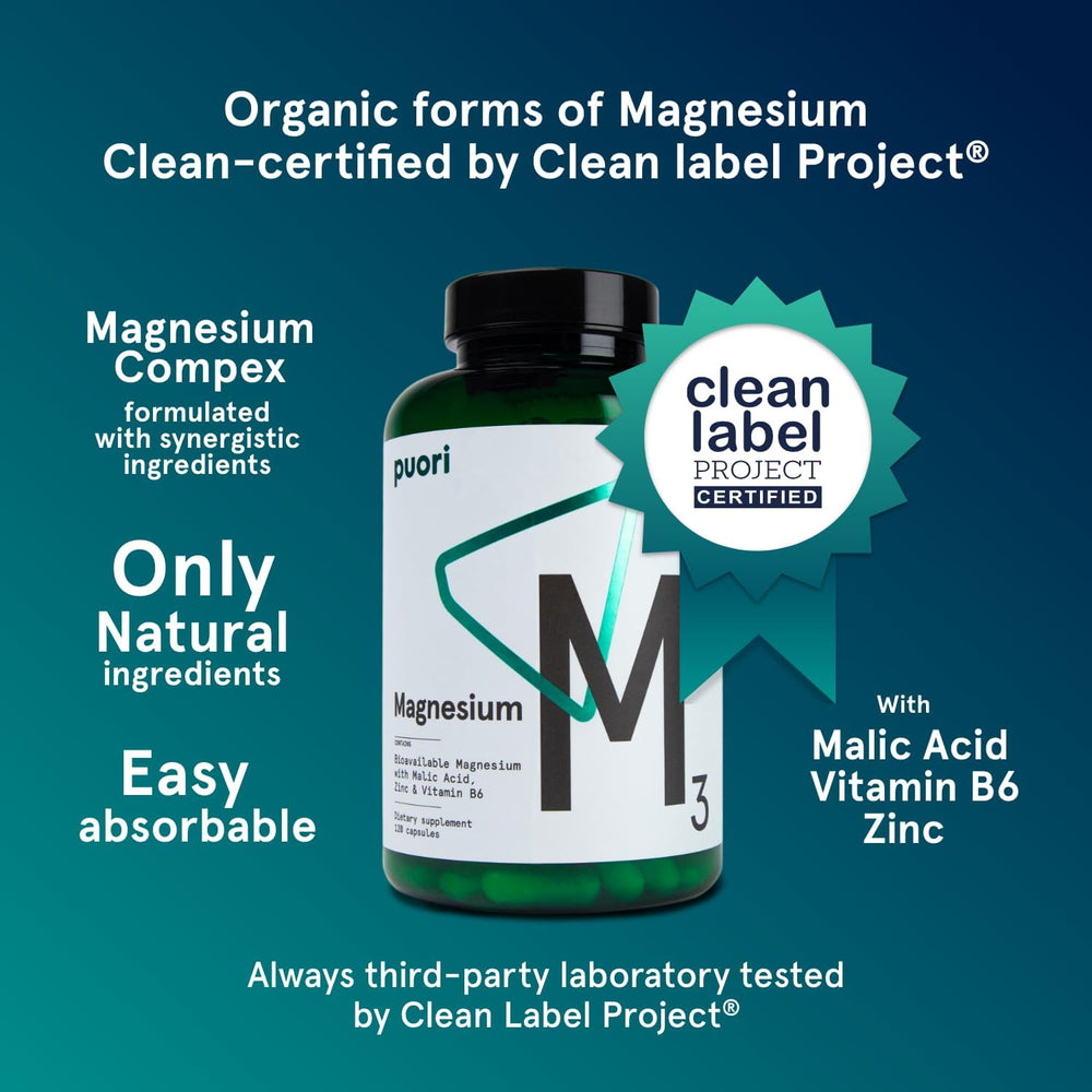 Closeup of Puori Magnesium Complex capsules highlighting easy-to-swallow vegan form.