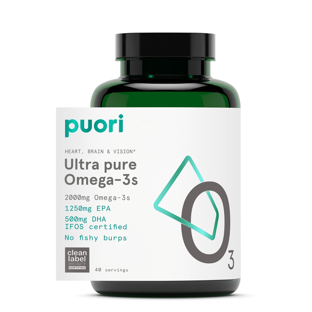 Puori Omega 3 bottle front for ultra-pure softgels supporting daily heart health