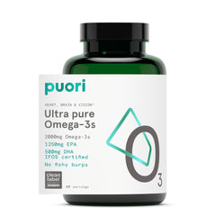 Puori Omega 3 bottle front for ultra-pure softgels supporting daily heart health