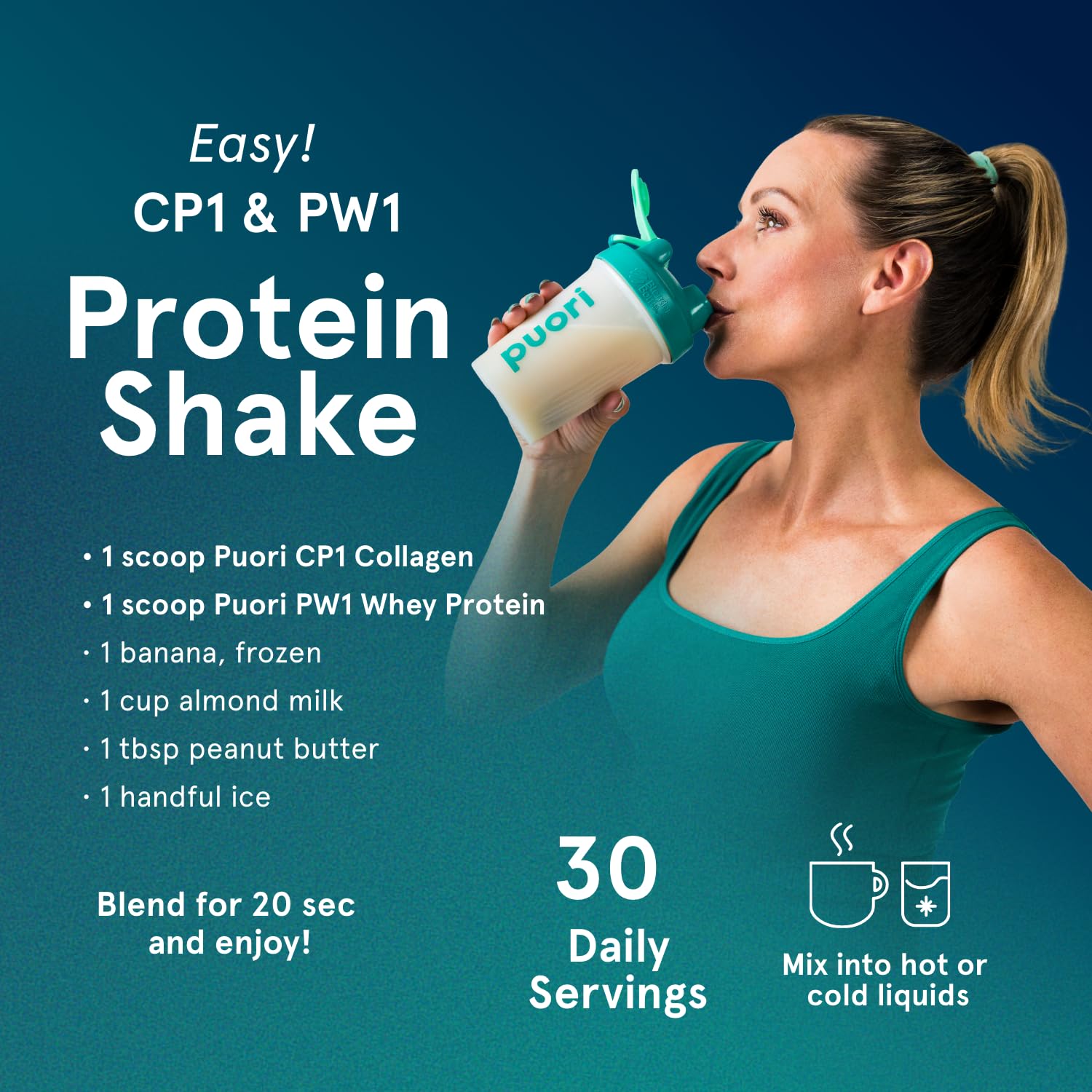 Puori Pure Collagen Peptides jar on kitchen counter; clean label and dairy-free