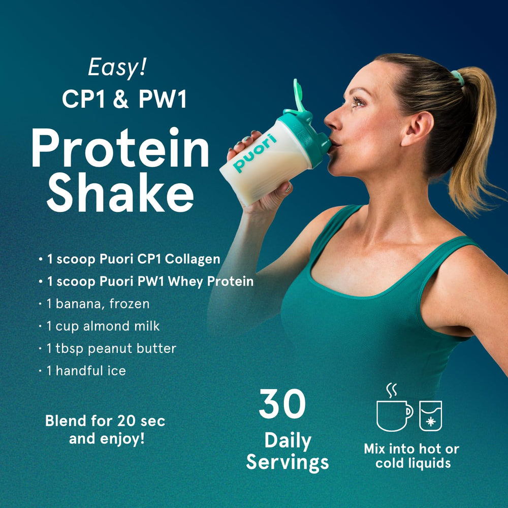 Puori Pure Collagen Peptides jar on kitchen counter; clean label and dairy-free