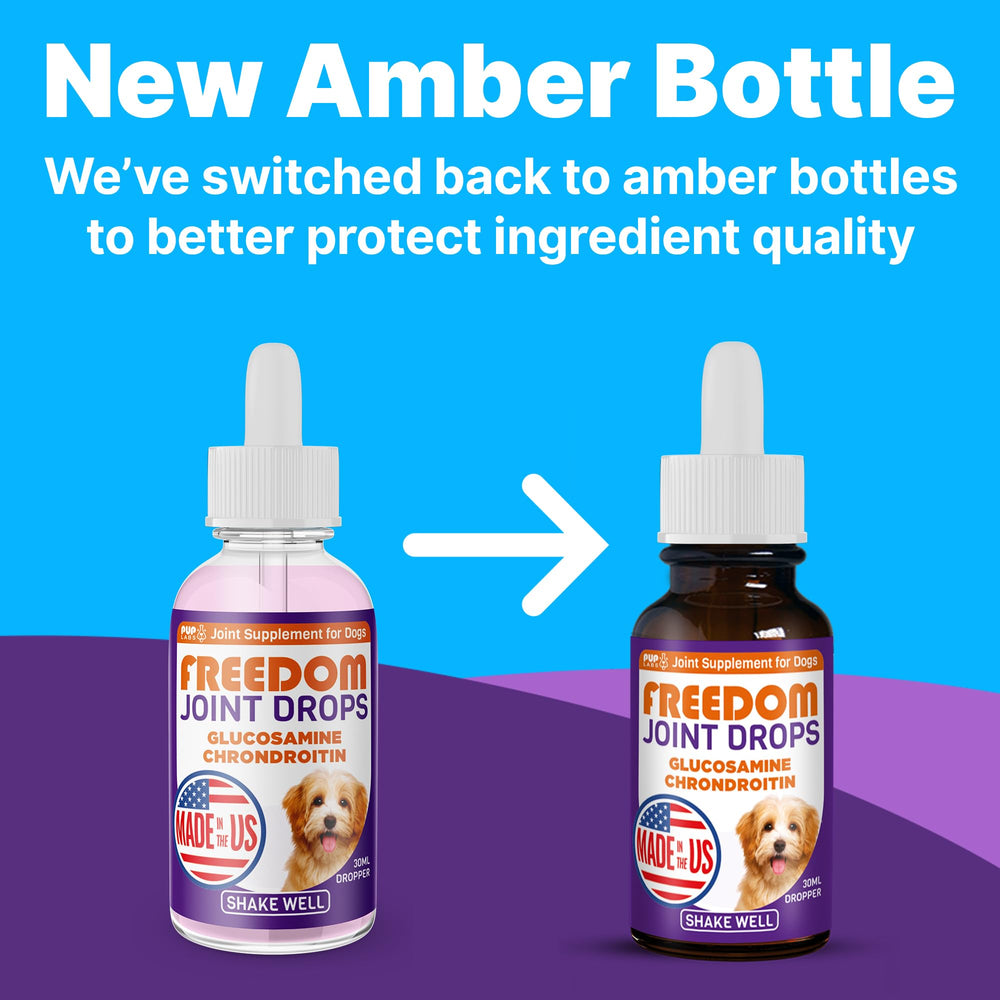 Pup Labs Freedom Joint Drops dropper ready to dose into water or food.