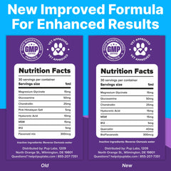 Pup Labs Freedom Joint Drops ingredient list highlights hyaluronic acid and glucosamine.