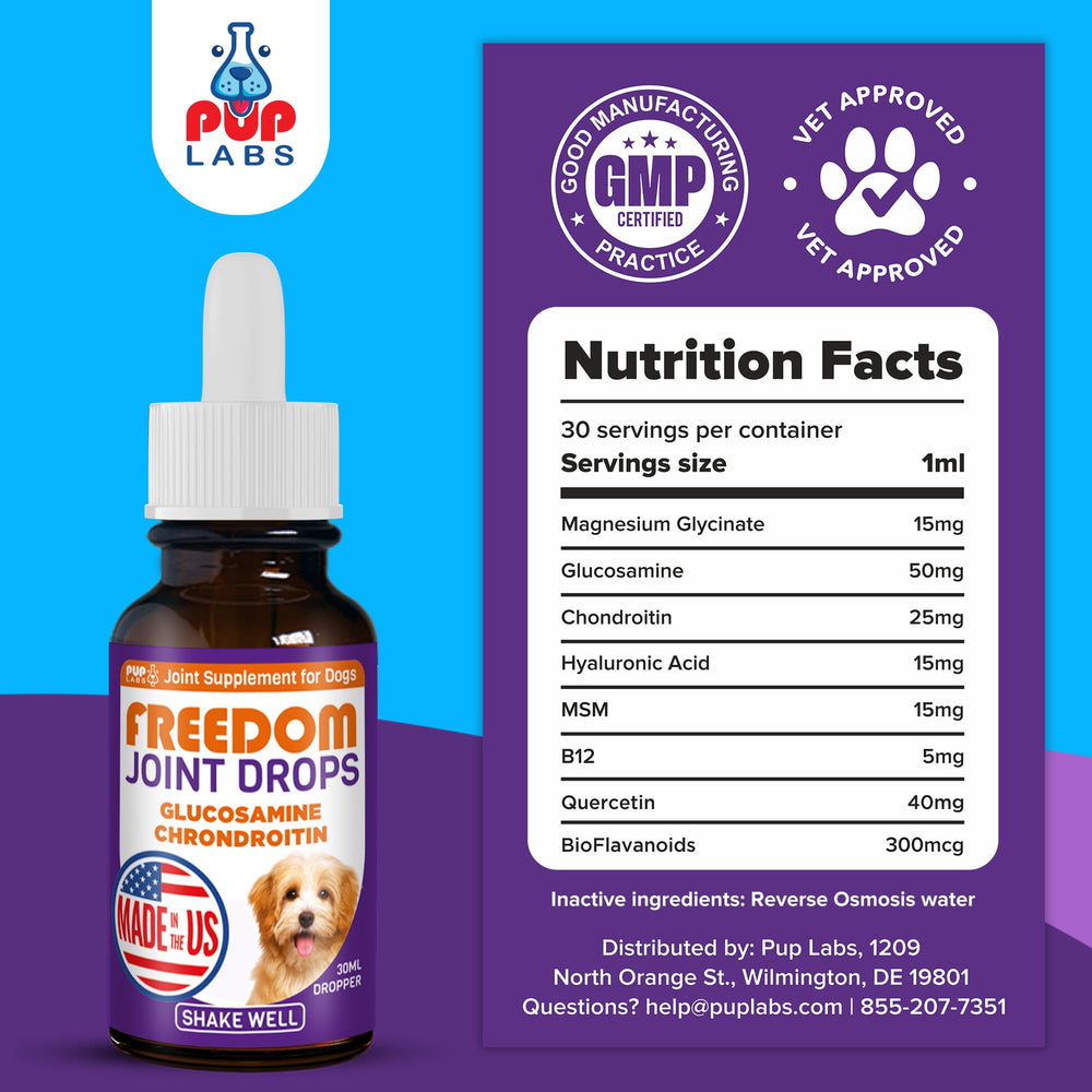 Pup Labs Freedom Joint Drops packaging on a clean display shelf.