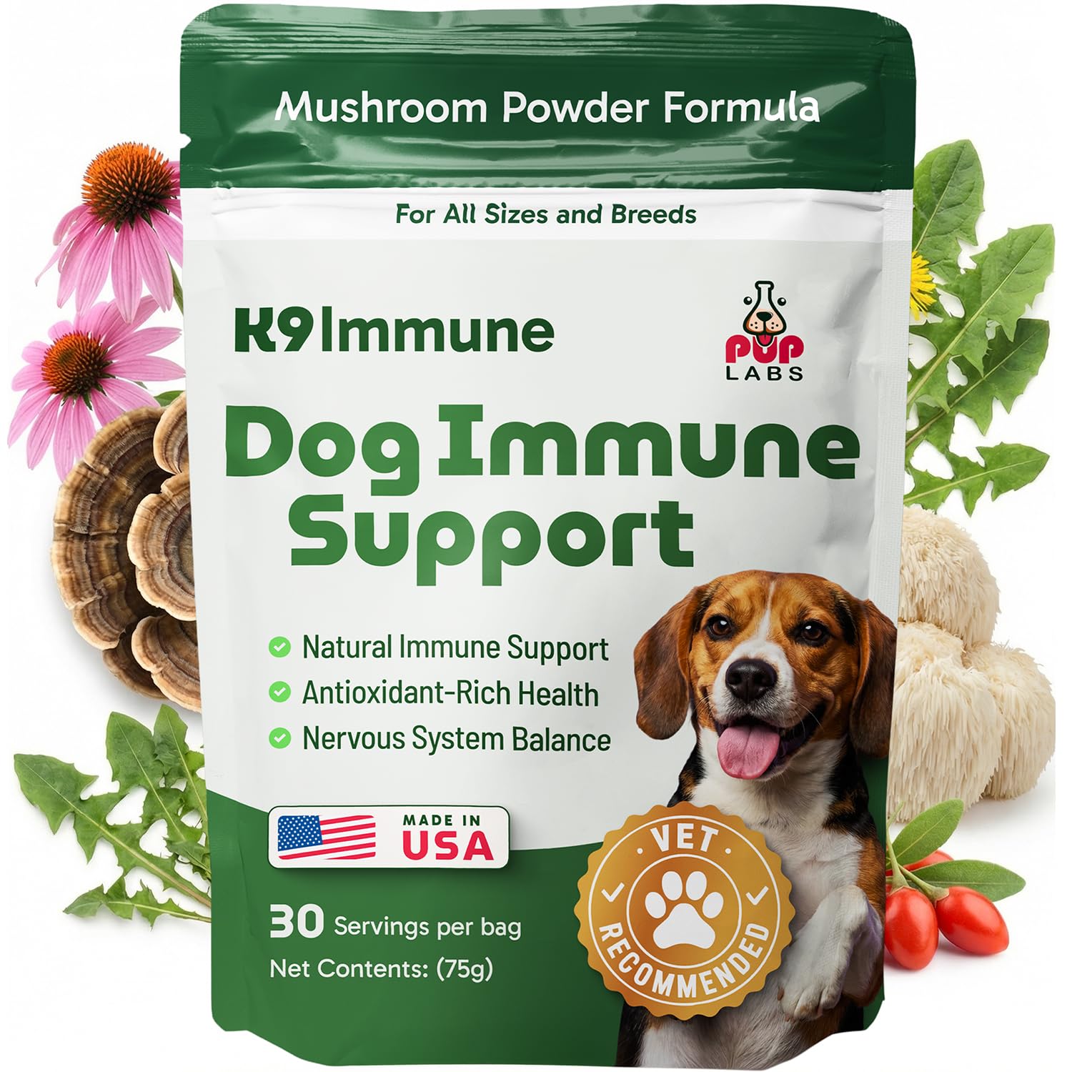 Pup Labs K9 Immune bottle with turkey tail powder for daily immune support