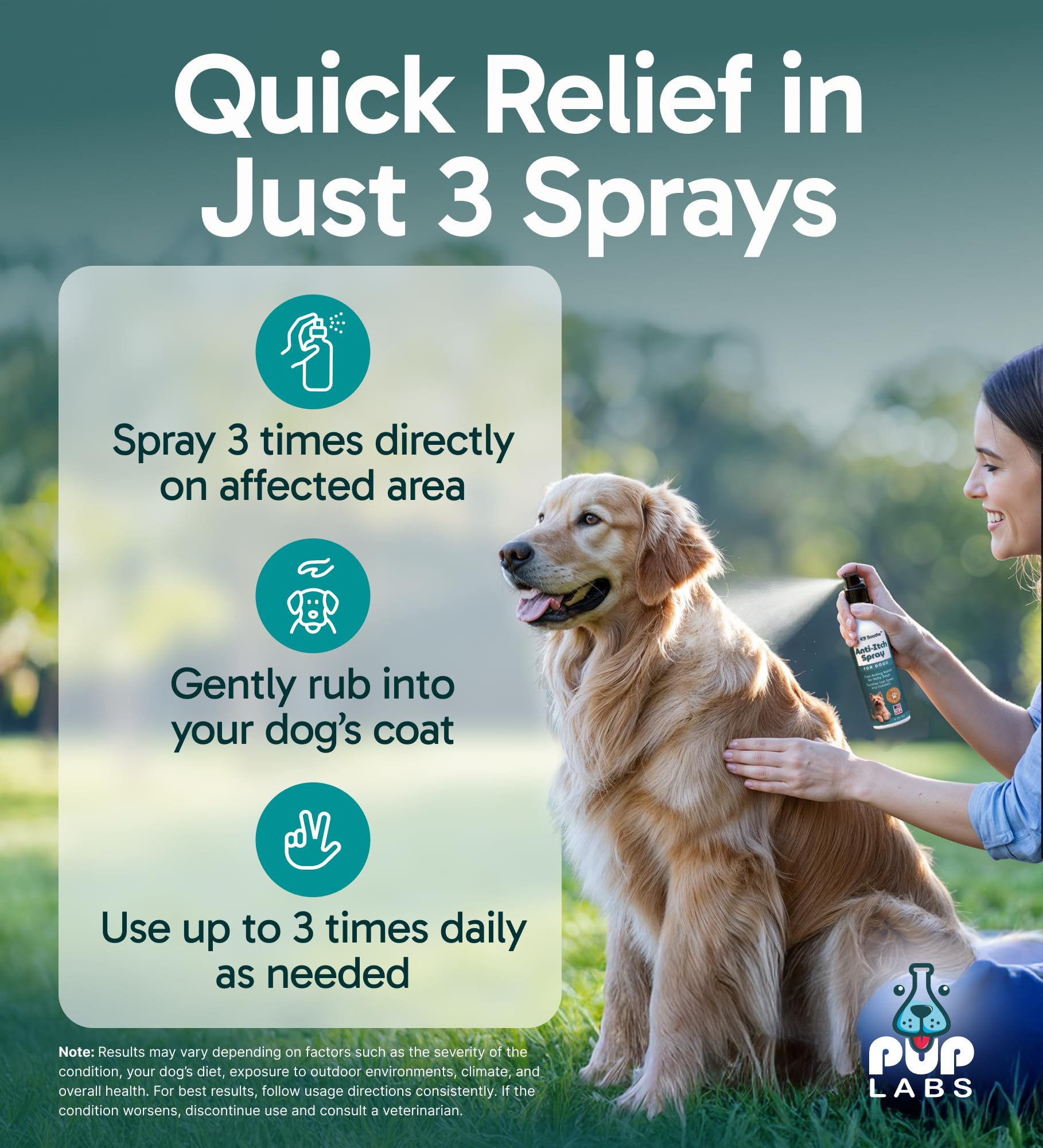 Pup Labs K9 Soothe spray being applied on affected skin for easy use.