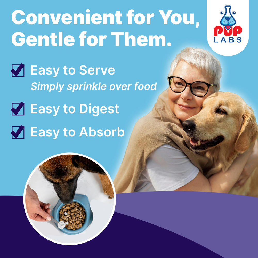 Powder sprinkled into a dog's meal bowl for easy mixing