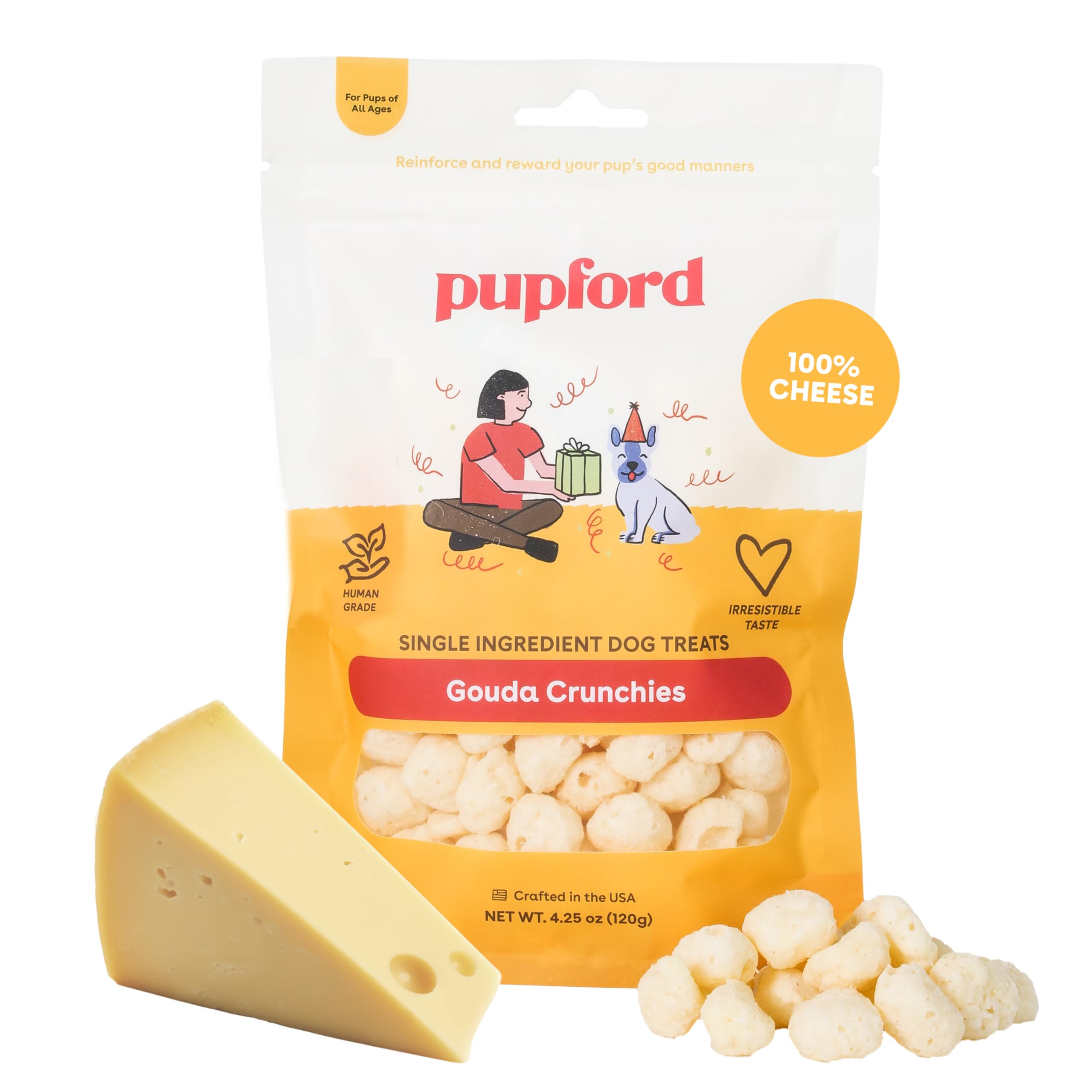 Pupford Cheese Crunchies bag front showcases our all-natural Gouda treat for dogs, great for rewards.