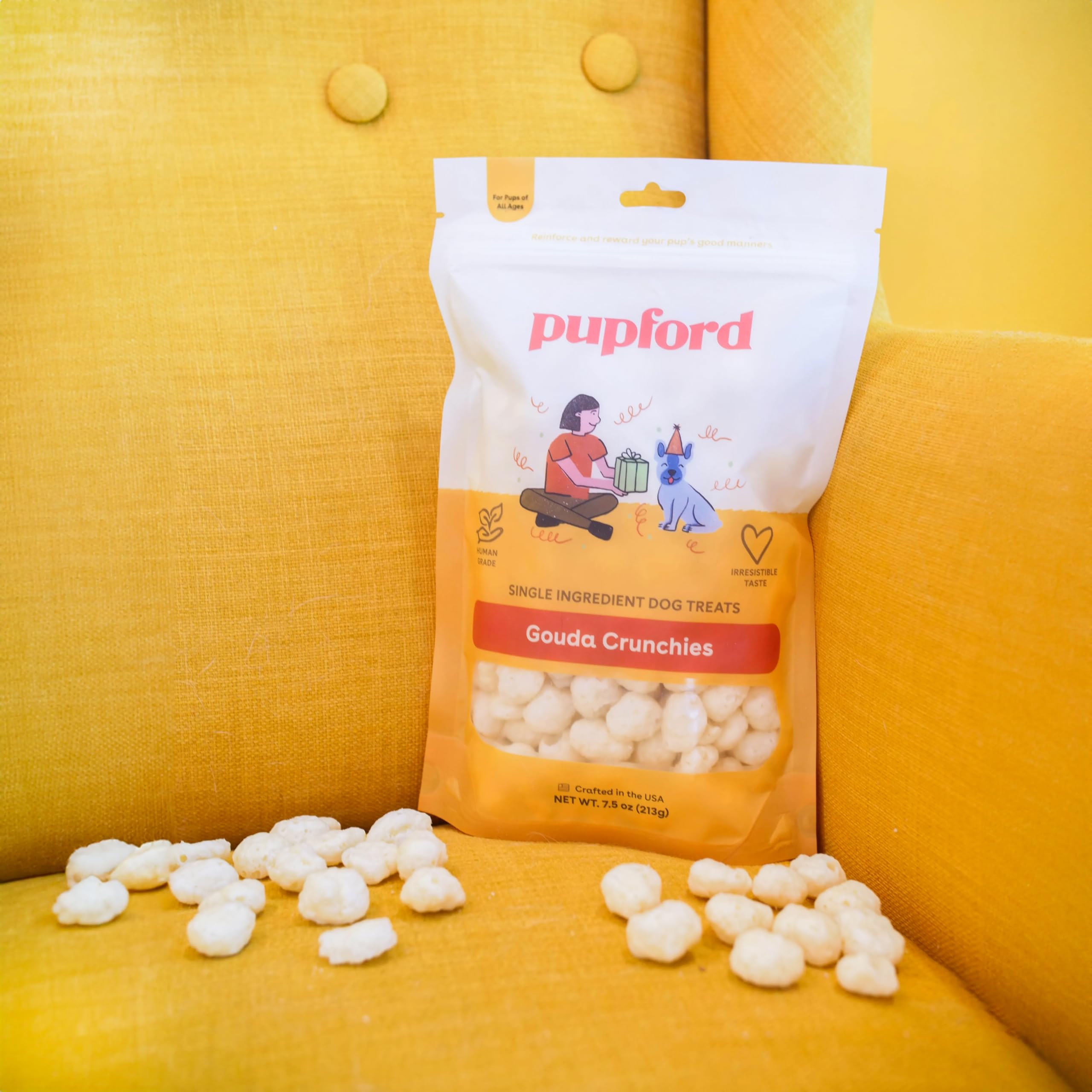 Pupford Cheese Crunchies calcium-protein image underlines nutrients that may support overall vitality.