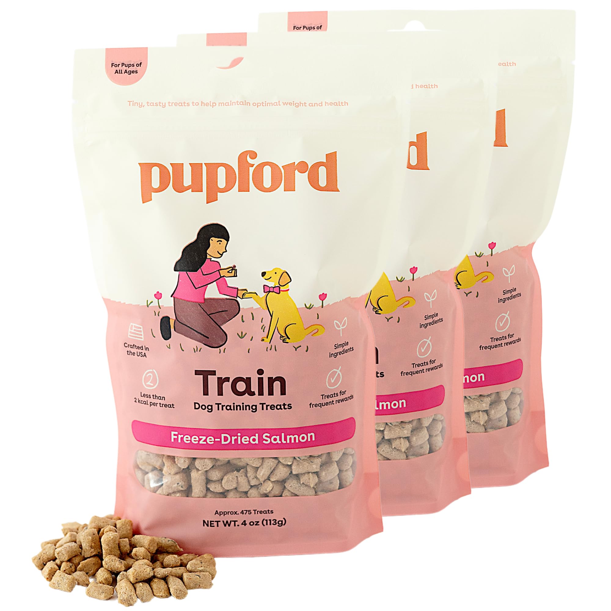 Pupford freeze-dried salmon treats in a 4oz pack, ideal for quick training rewards.