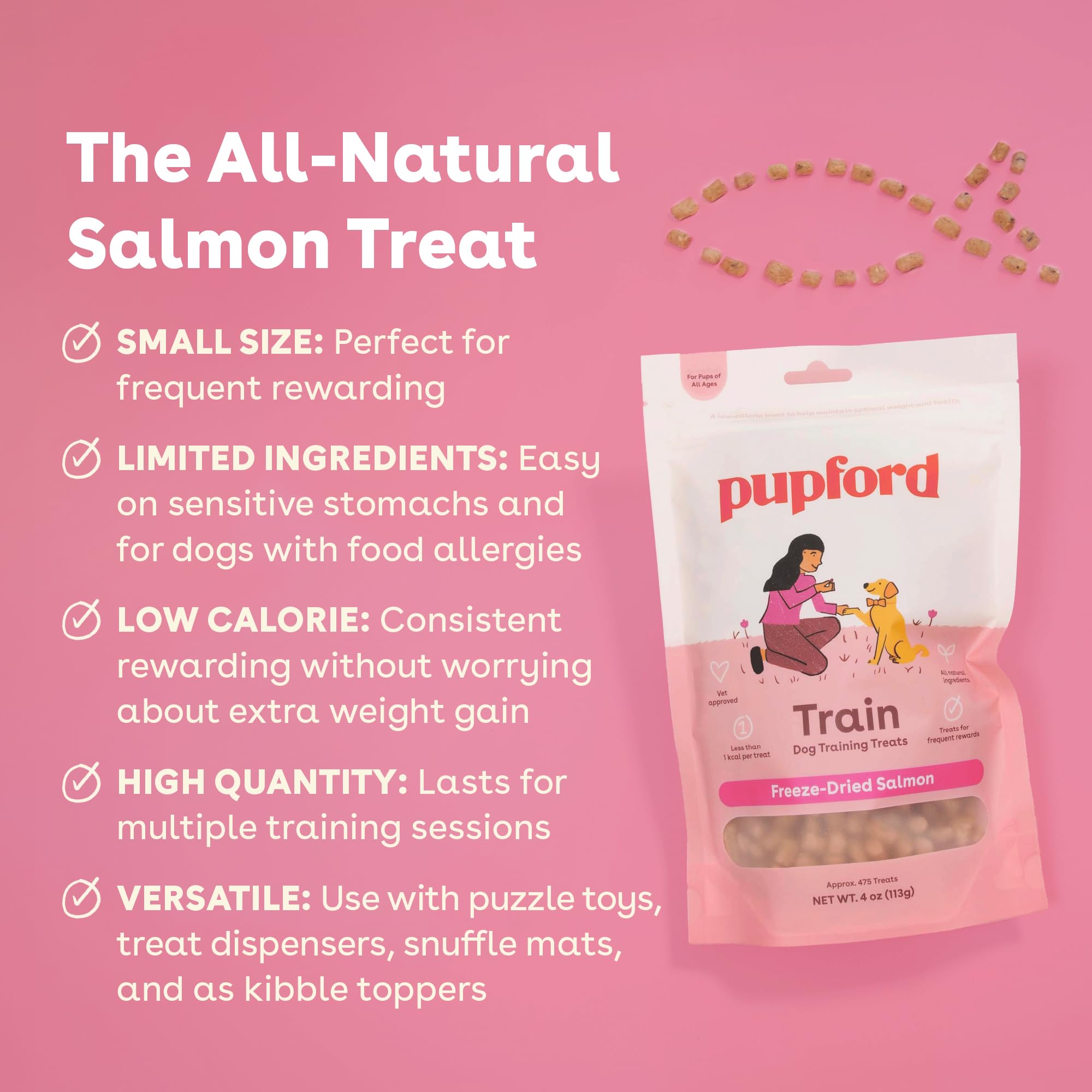Close-up of Pupford salmon bites, a tasty and convenient training reward.