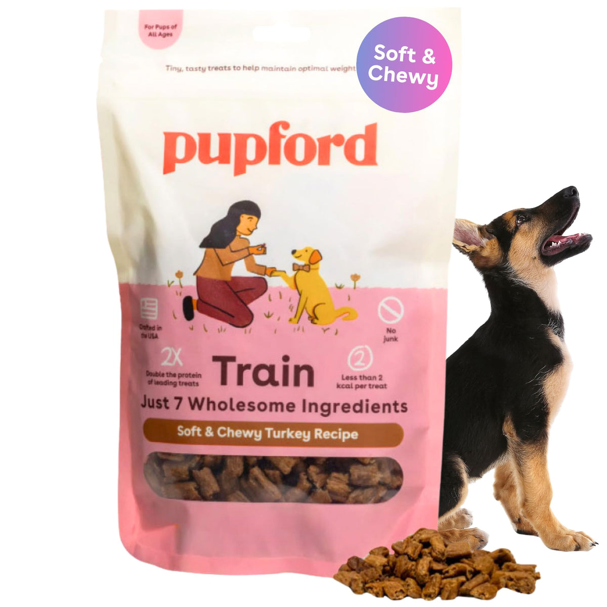 Pupford Soft and Chewy Turkey Treats packaging for easy rewards during training