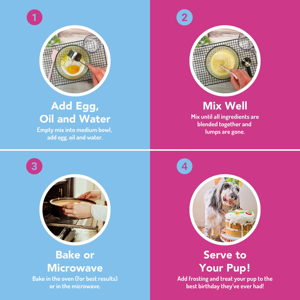 Puppy Cake spoon-and-bowl setup demonstrates easy prep steps.