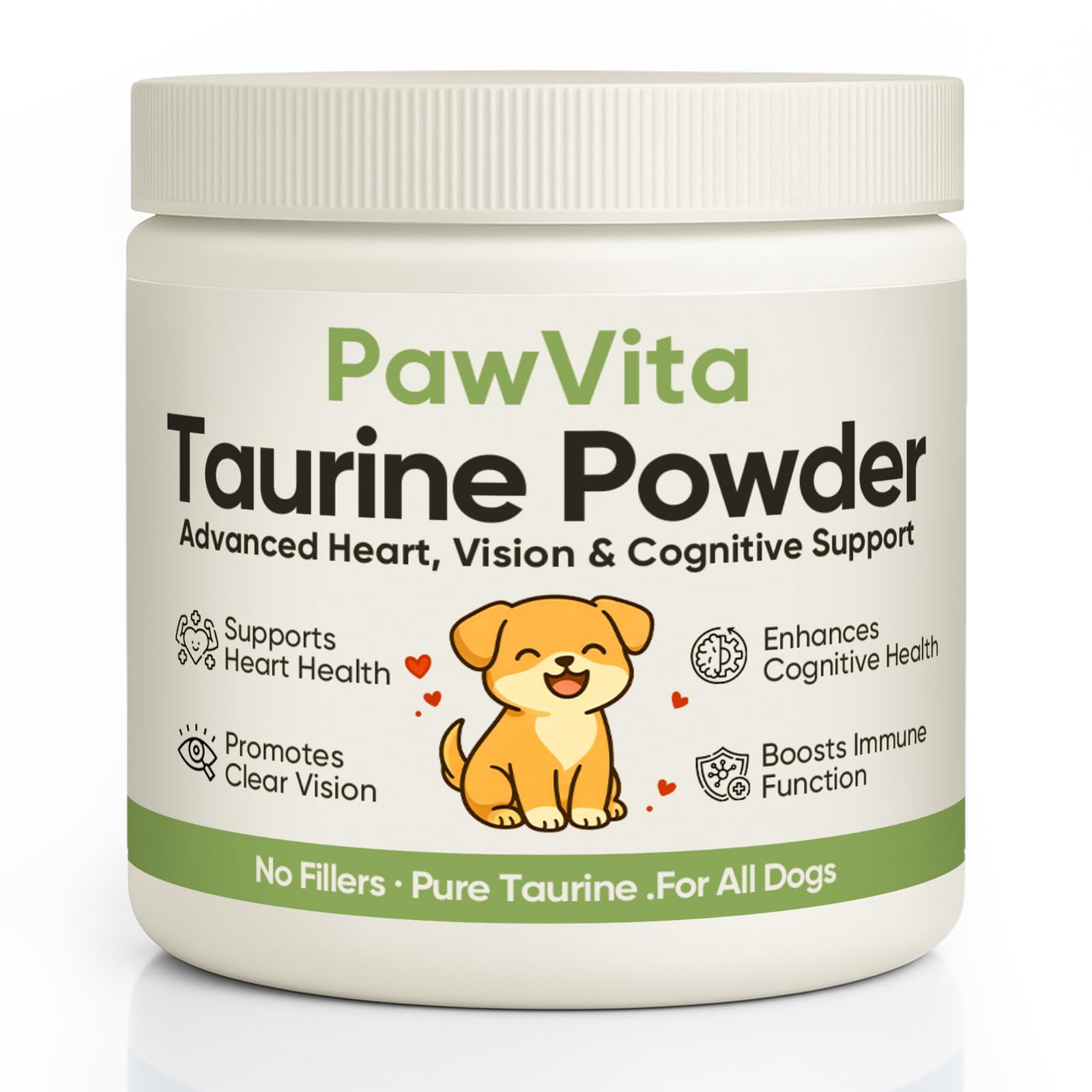 PuppyLabCo Pawvita Taurine powder bottle for dogs supports daily wellness and easy dosing at mealtime