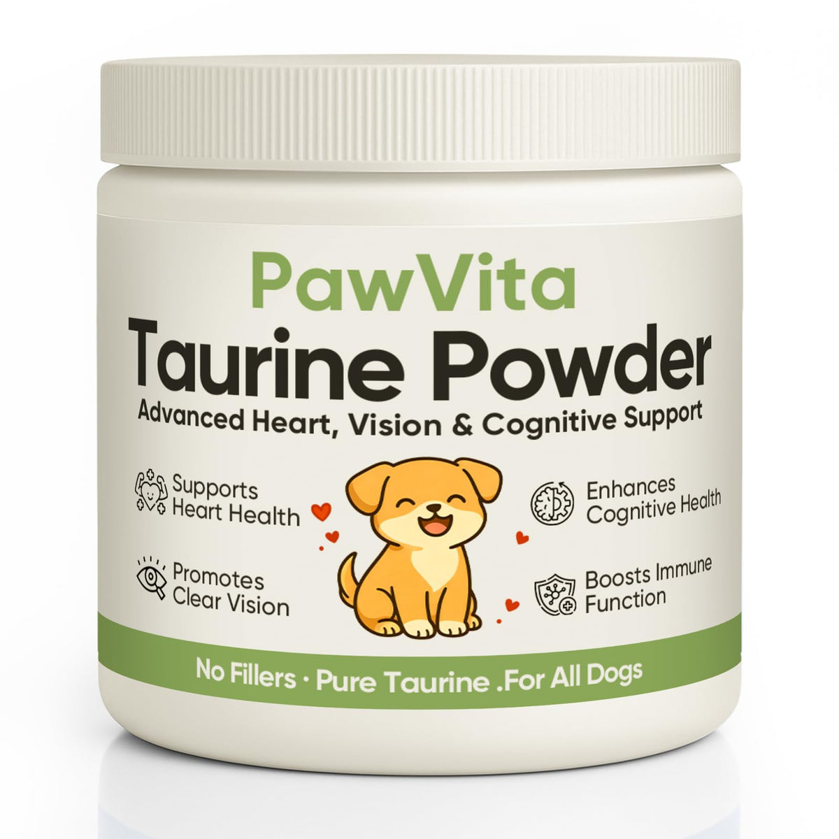 PuppyLabCo Pawvita Taurine powder bottle for dogs supports daily wellness and easy dosing at mealtime