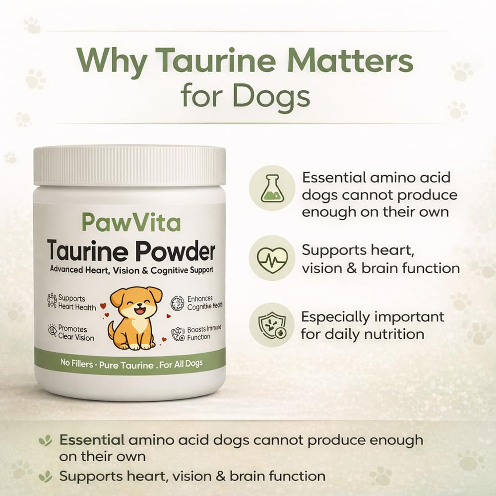 PuppyLabCo Pawvita Taurine powder being scooped shows simple, mess-free mix into meals