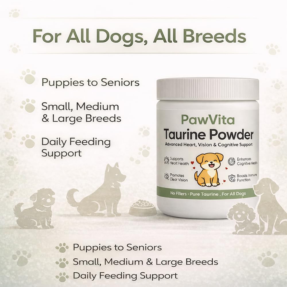PuppyLabCo Pawvita Taurine powder shown with a puppy serving to illustrate suitability for all breeds