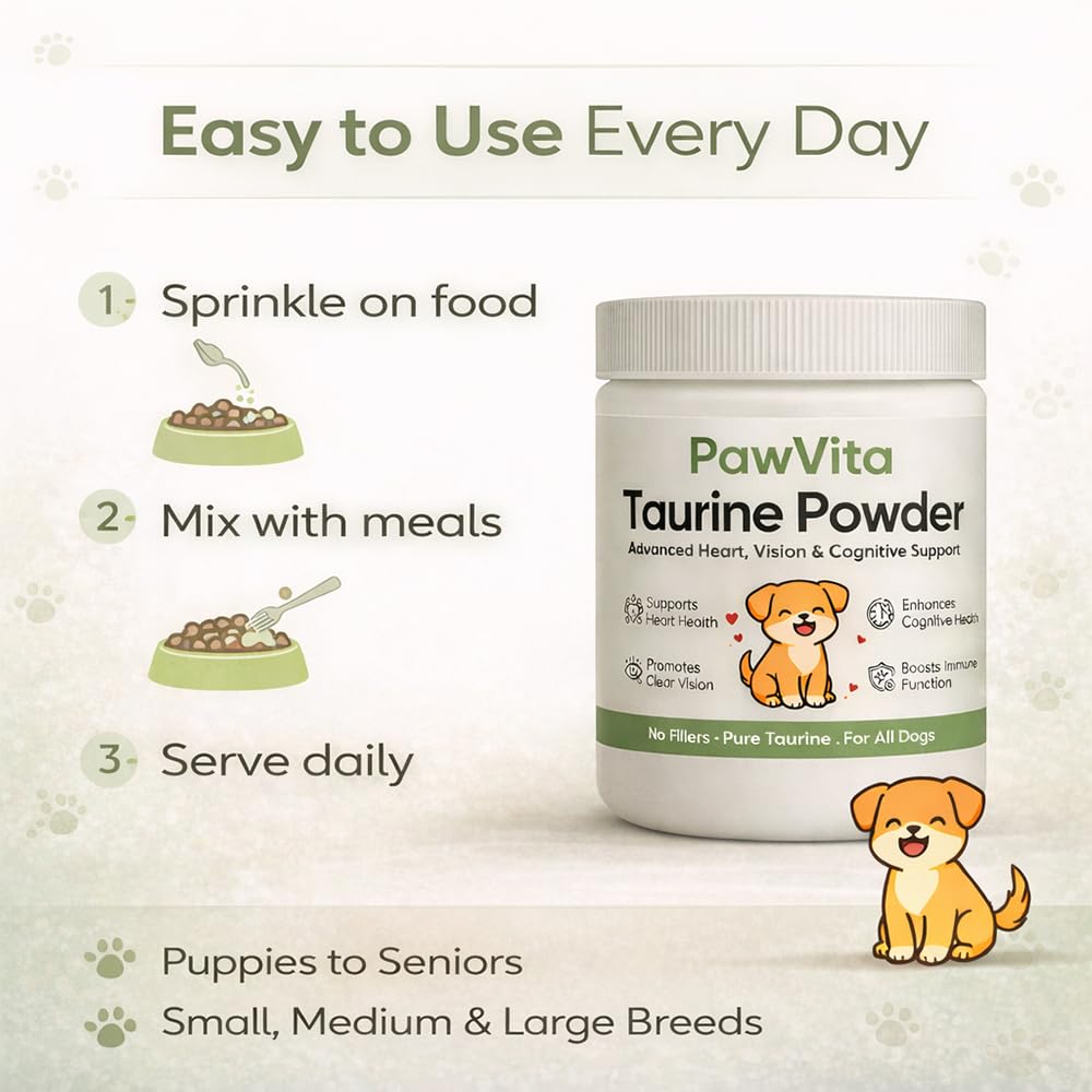 PuppyLabCo Pawvita Taurine powder label close-up emphasizing purity and single‑ingredient formula