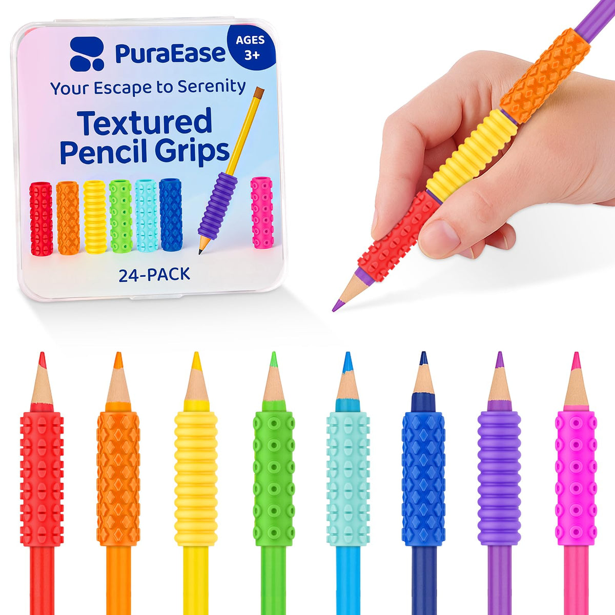 PuraEase textured pencil grips set shown for classroom writing and comfort