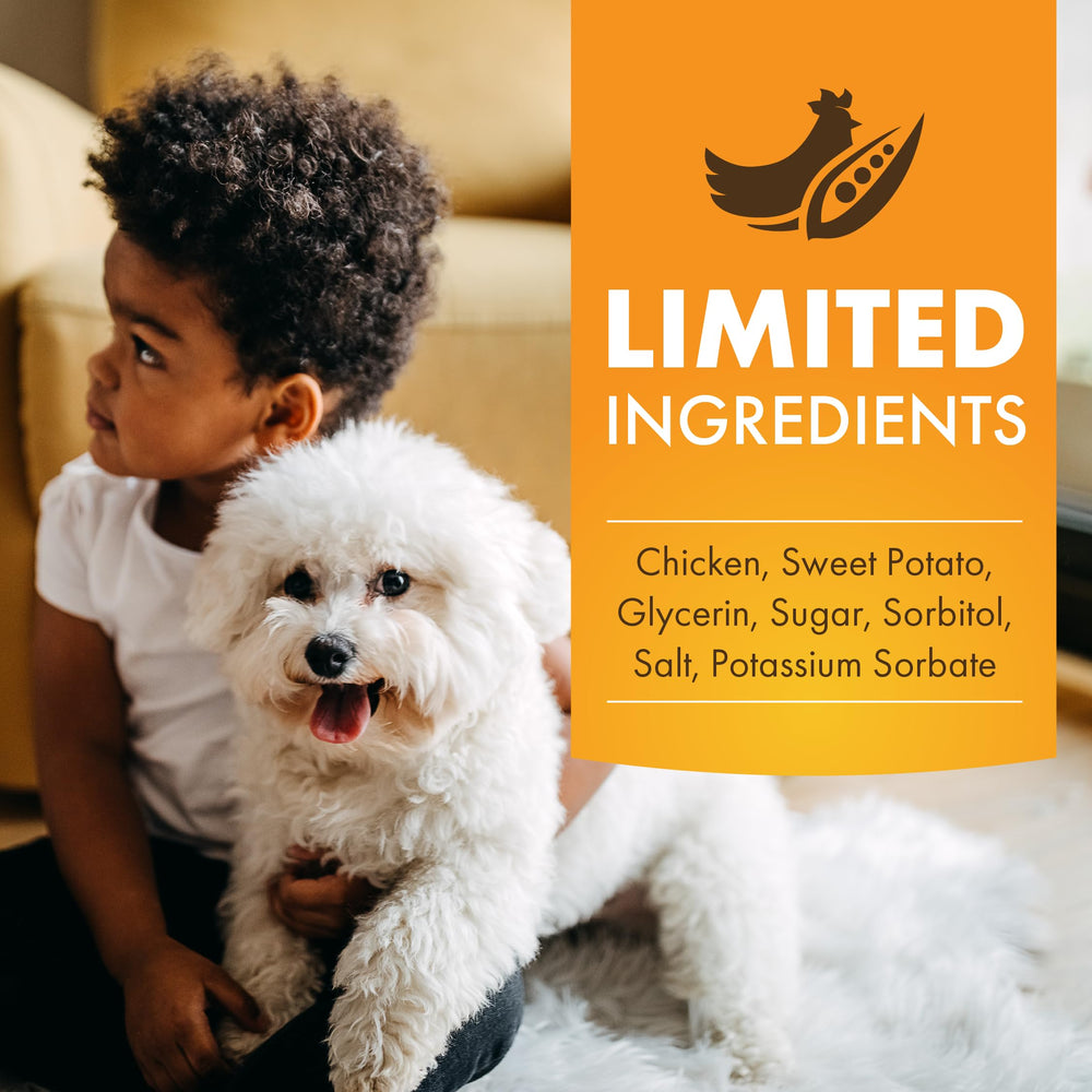 Pur Luv real chicken first ingredient highlights high-protein snack.