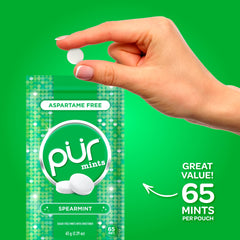 Re-sealable 65-piece PUR Mints pouch for value and freshness.