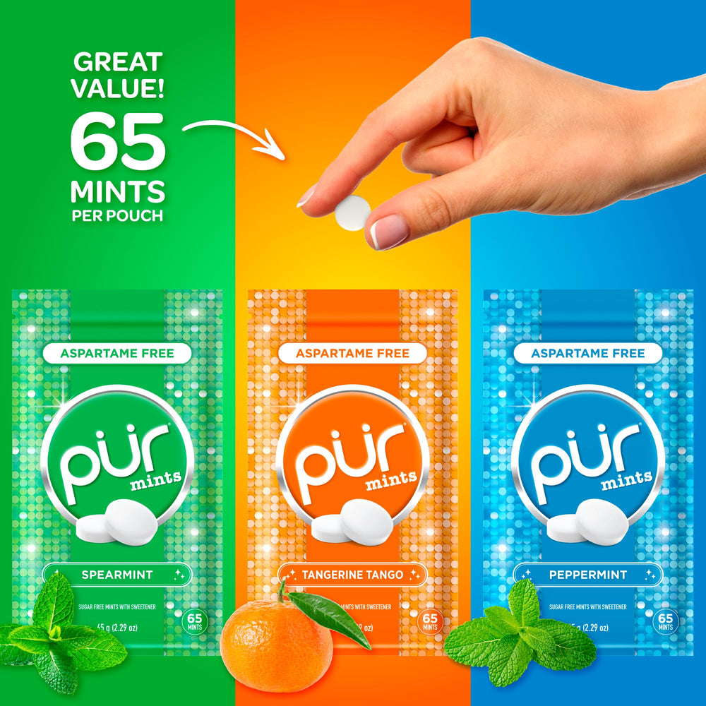 Pur Mints resealable pouch closeup emphasizes convenience and freshness