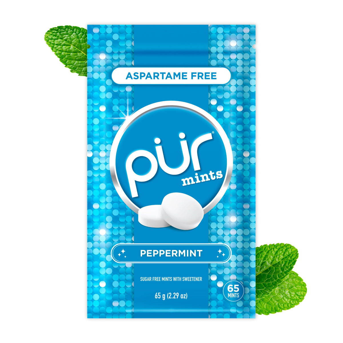 PUR Mints resealable pouch showcasing peppermint flavor for on-the-go freshness