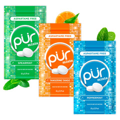 PUR Mints spearmint front of resealable pack highlights fresh flavor