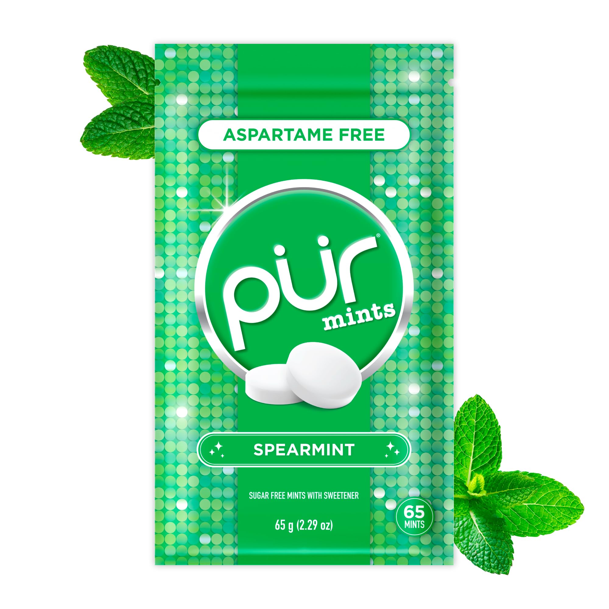 PUR Mints spearmint pack front for quick breath refreshment.
