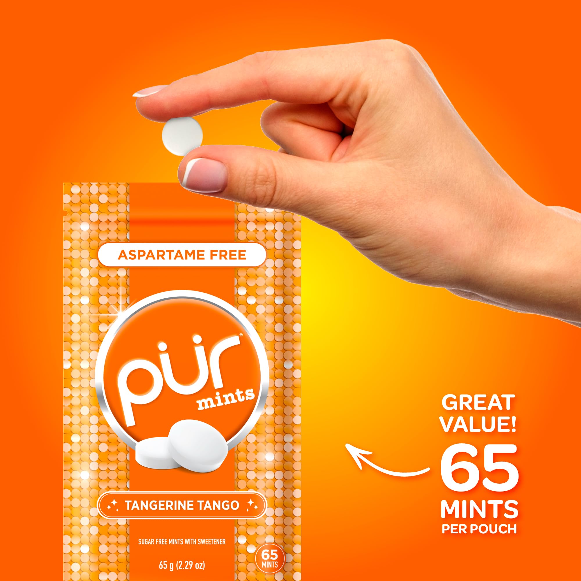 PUR Mints Tangerine Tango front packaging view highlighting 65 pieces.