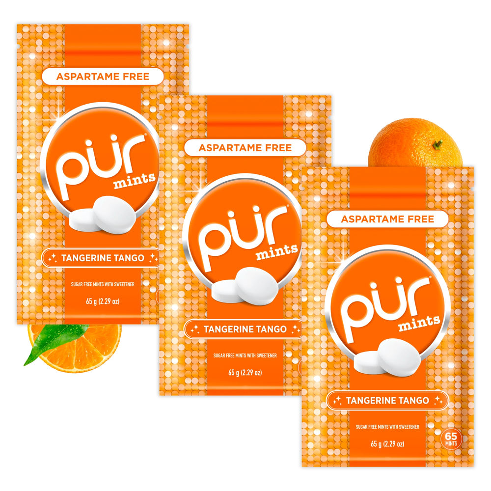 PUR Mints Tangerine Tango in a resealable pouch for easy freshness on the go.