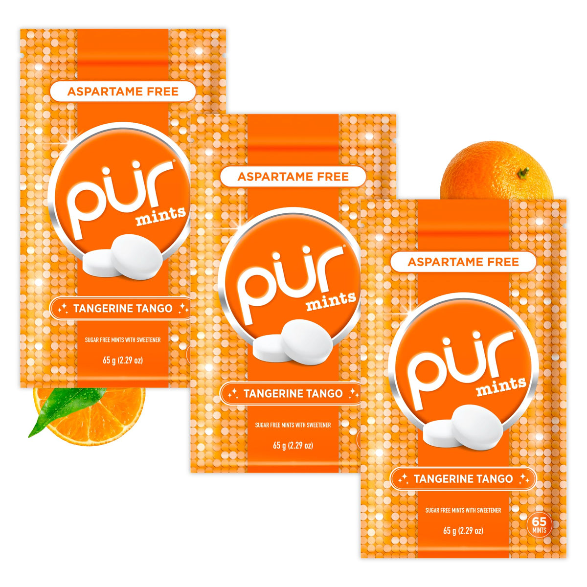 PUR Mints Tangerine Tango in a resealable pouch for easy freshness on the go.