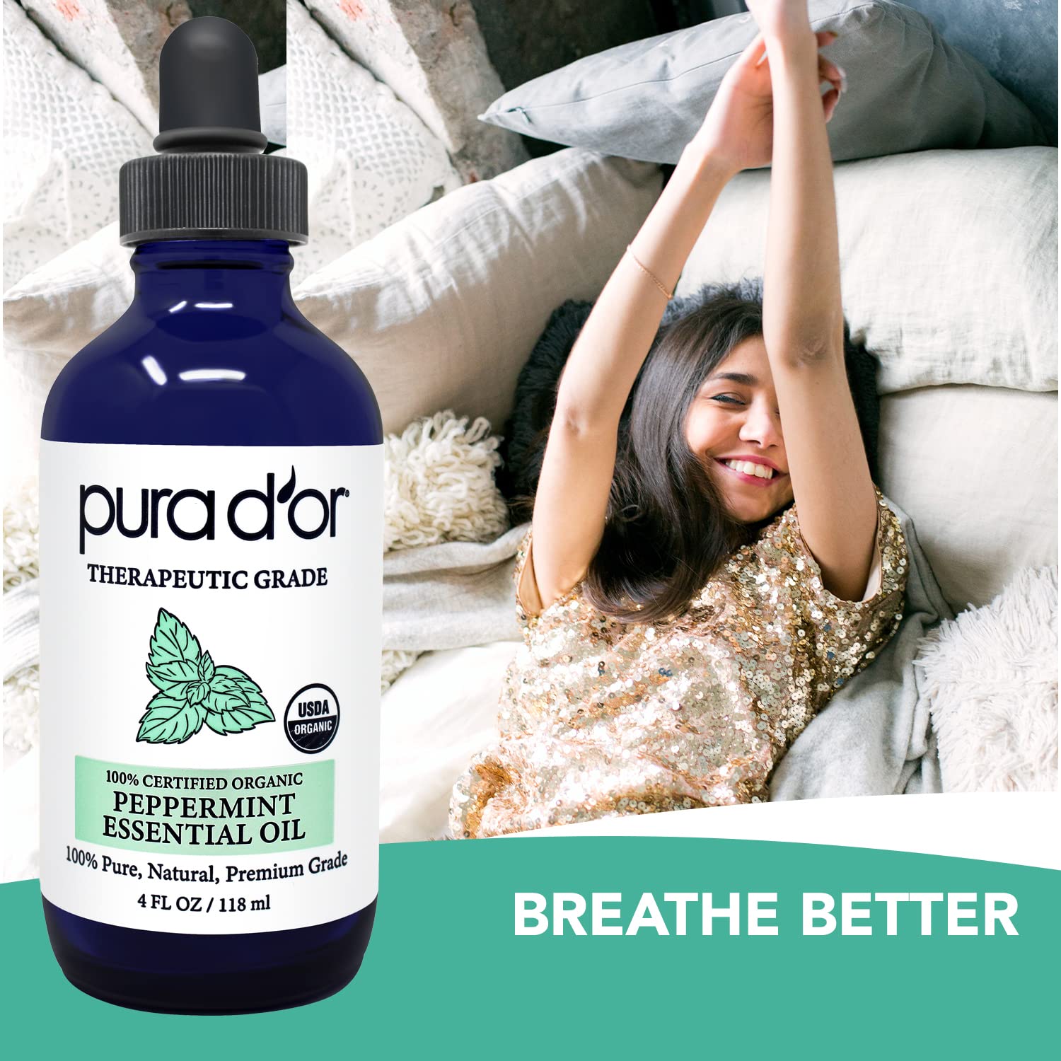 Close-up of the dropper with PURA D'OR peppermint oil for precise use