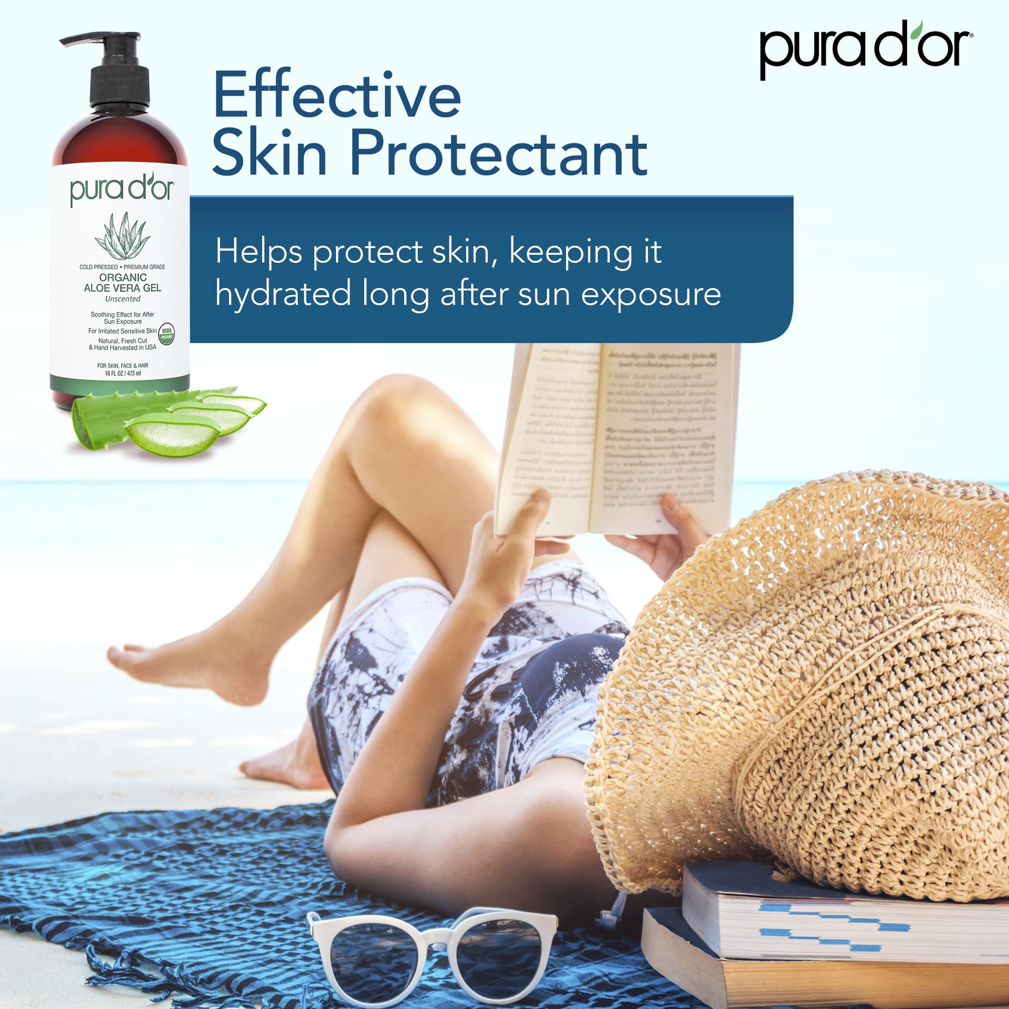 PURA D'OR Aloe Vera Gel used on hair and scalp for moisture.