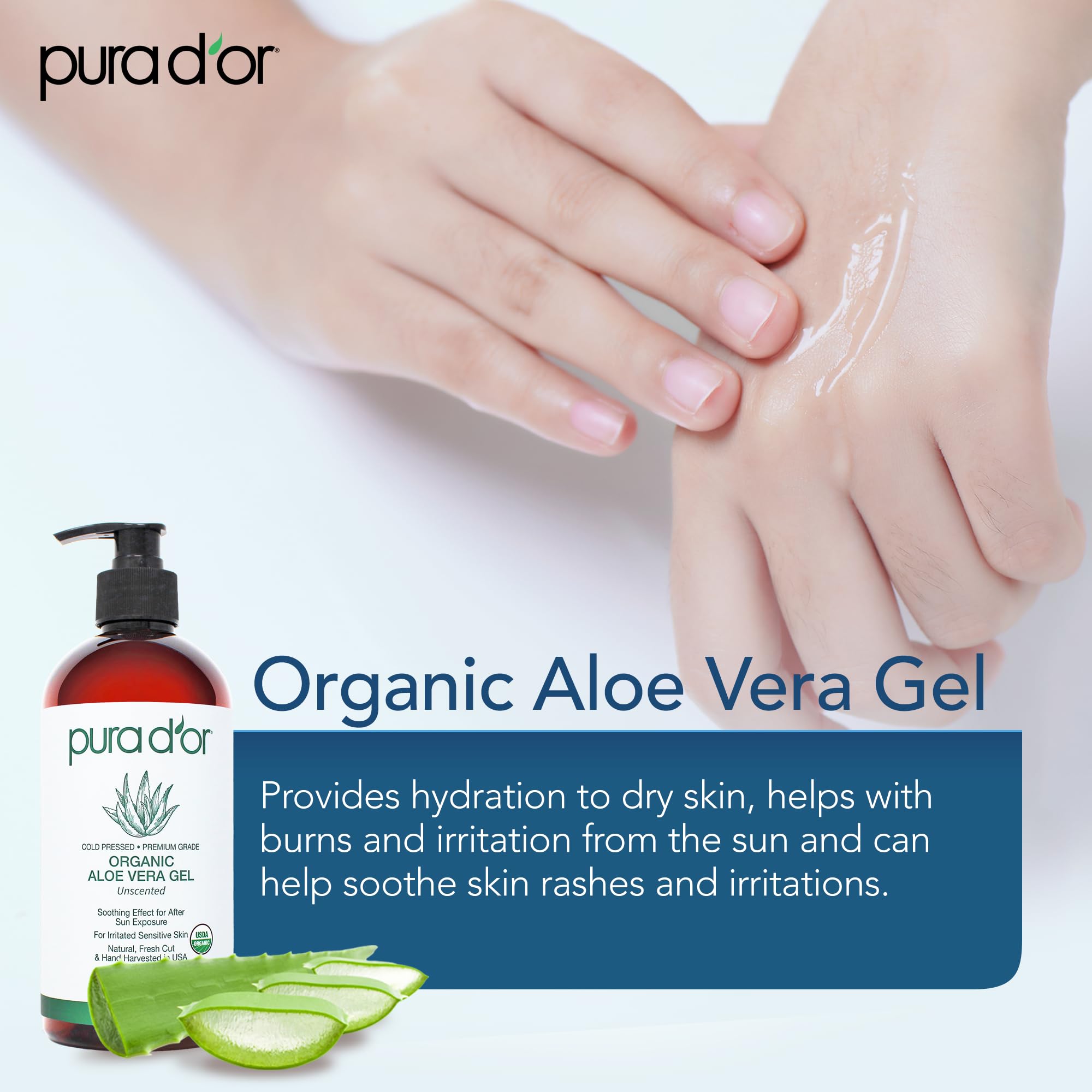 PURA D'OR Aloe Vera Gel helps soothe irritated skin.