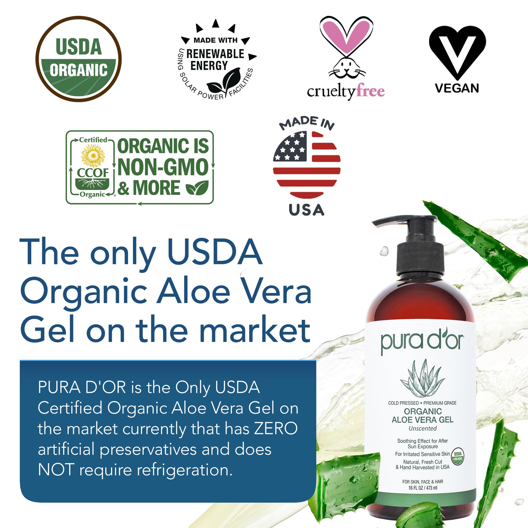 PURA D'OR Aloe Vera Gel texture close-up shows a smooth, non-greasy glide.
