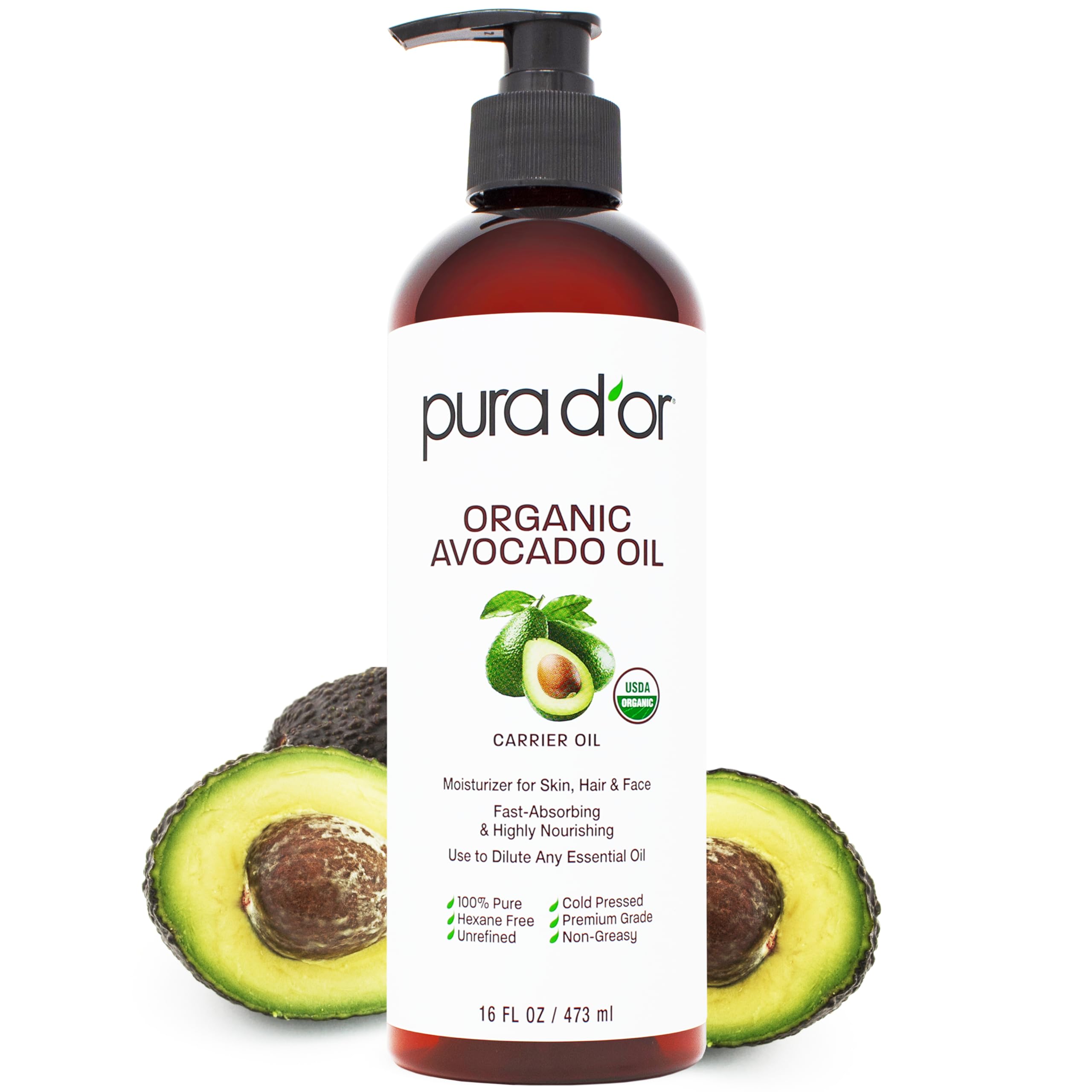 PURA D'OR avocado oil bottle for multipurpose facial and hair care