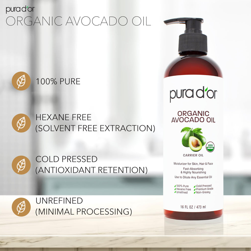 PURA D'OR avocado oil label close-up highlighting organic, cold-pressed quality