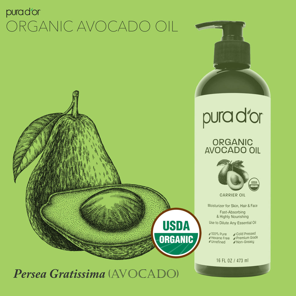 PURA D'OR avocado oil droplets emphasizing rich fatty acids for skin and hair