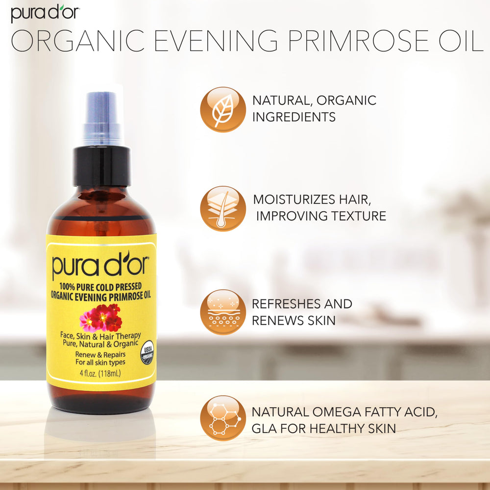 Close-up of PURA D'OR Evening Primrose Oil dropper for skin and hair care.