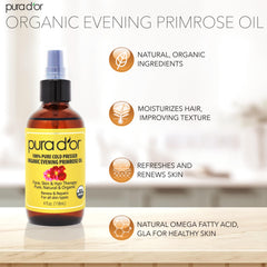 Close-up of PURA D'OR Evening Primrose Oil dropper for skin and hair care.