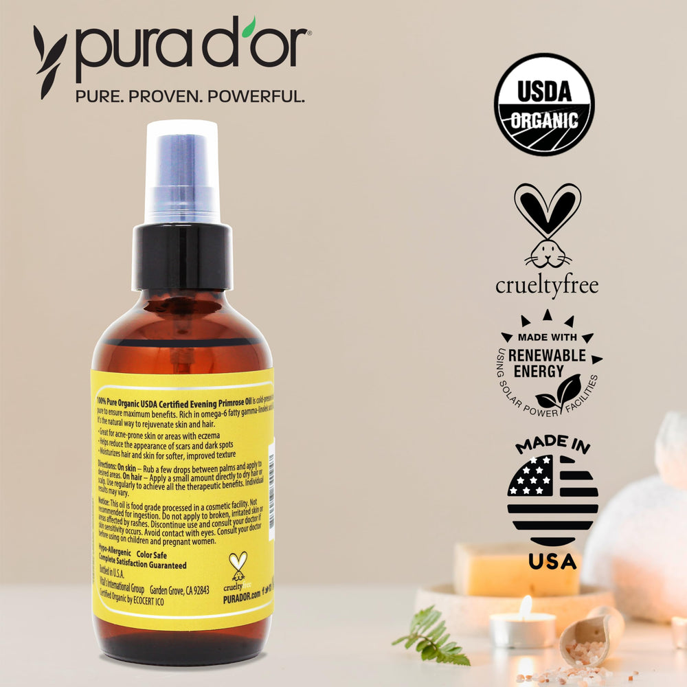 PURA D'OR Evening Primrose Oil used on hair and face for moisturized look.