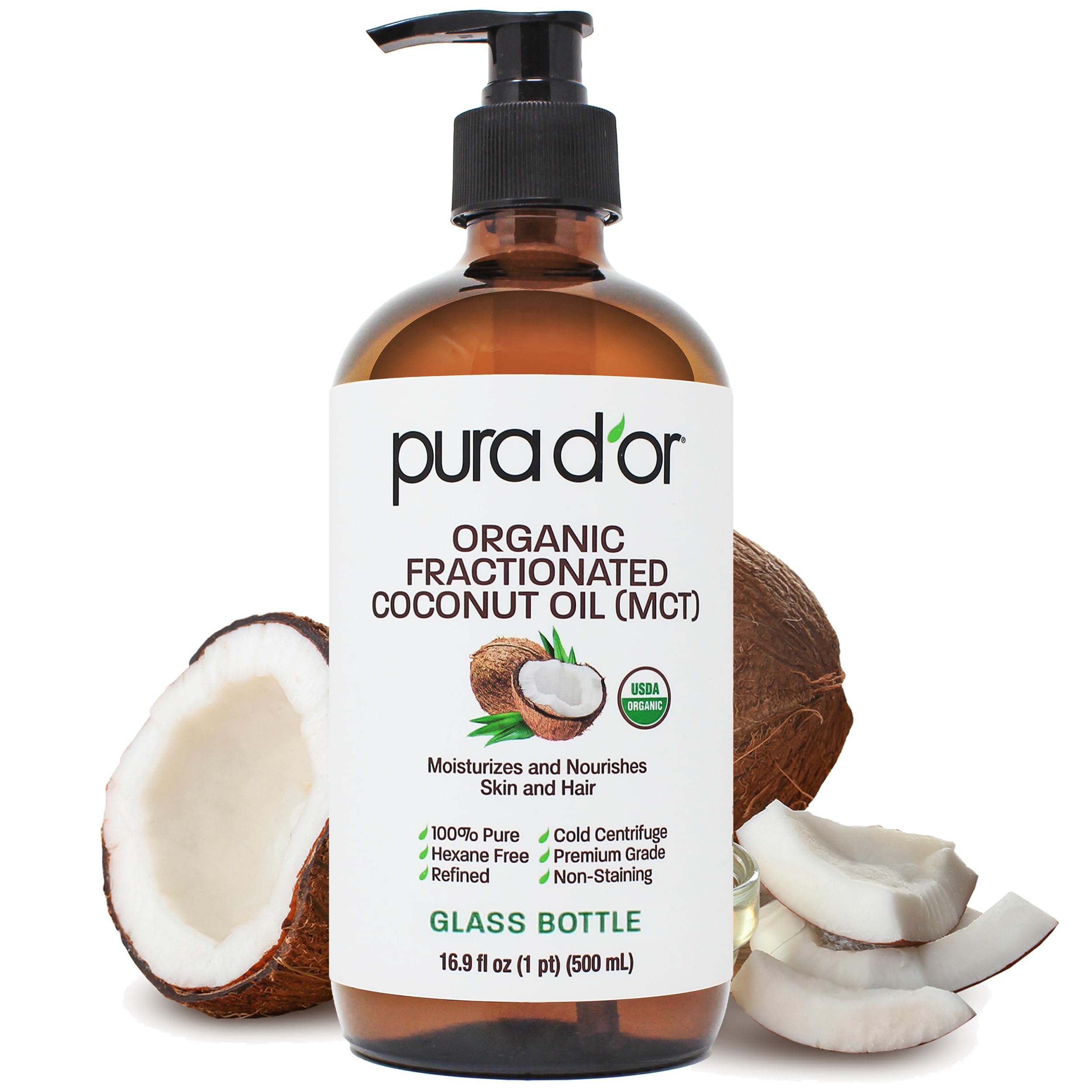 PURA D'OR fractionated coconut oil bottle highlighting premium glass packaging and hydration.