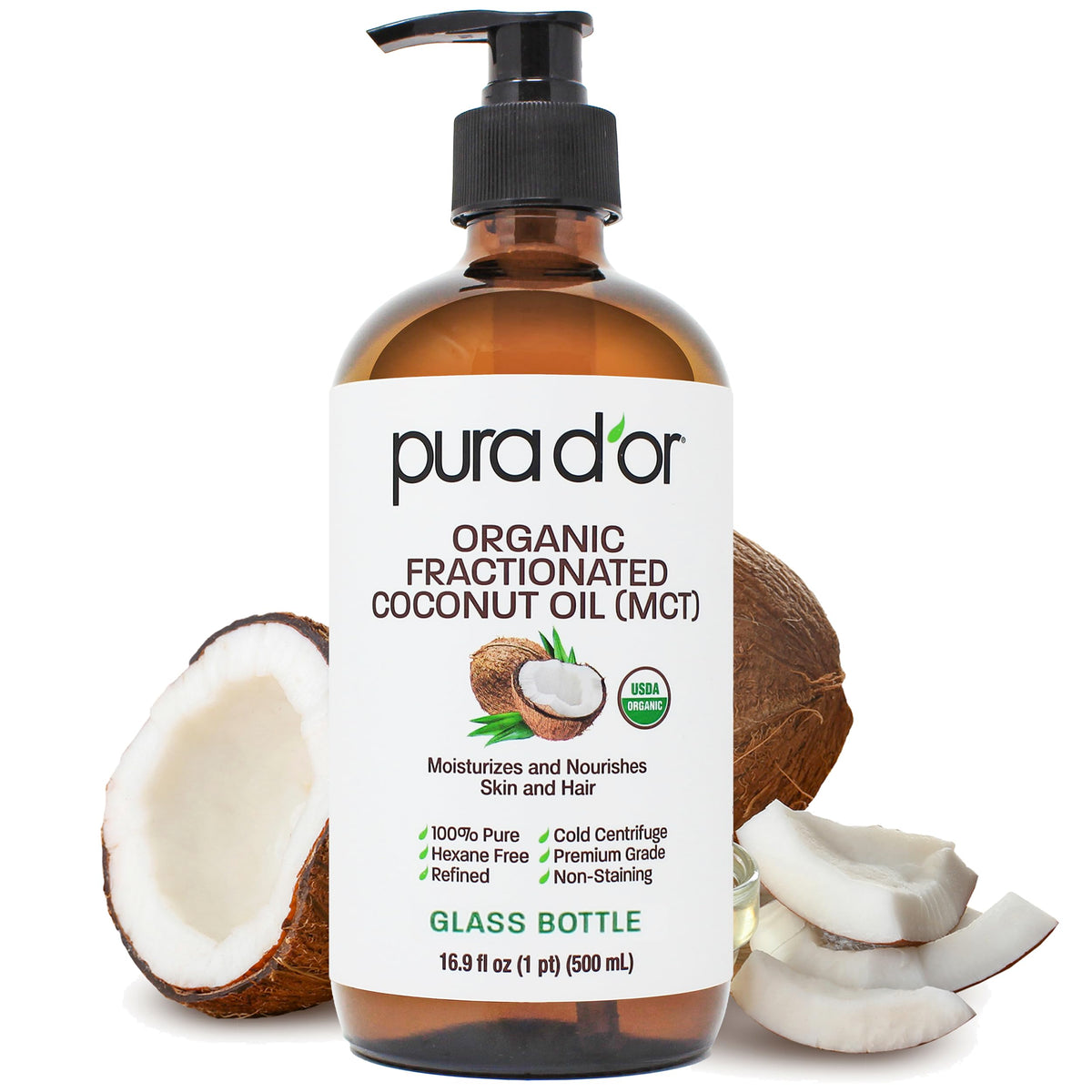 PURA D'OR fractionated coconut oil bottle highlighting premium glass packaging and hydration.