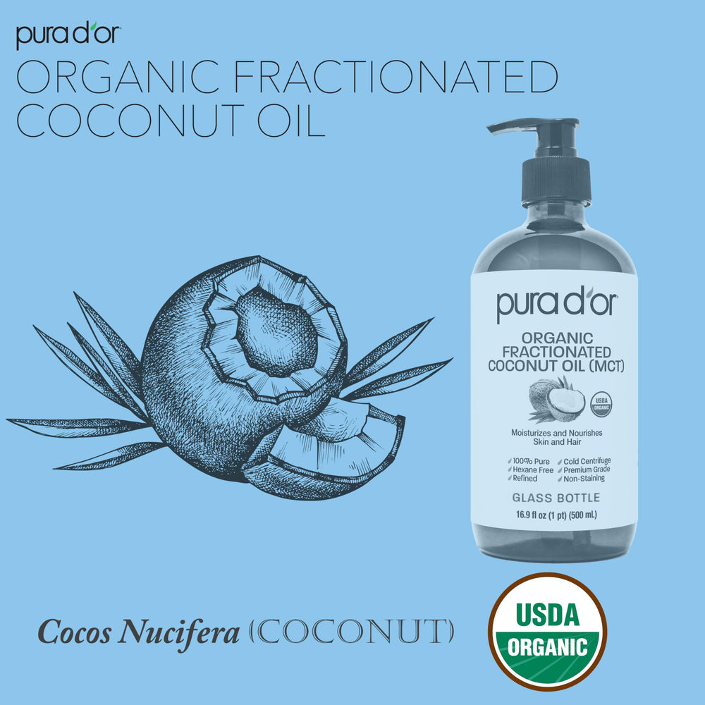 PURA D'OR fractionated coconut oil on skin for lightweight hydration.