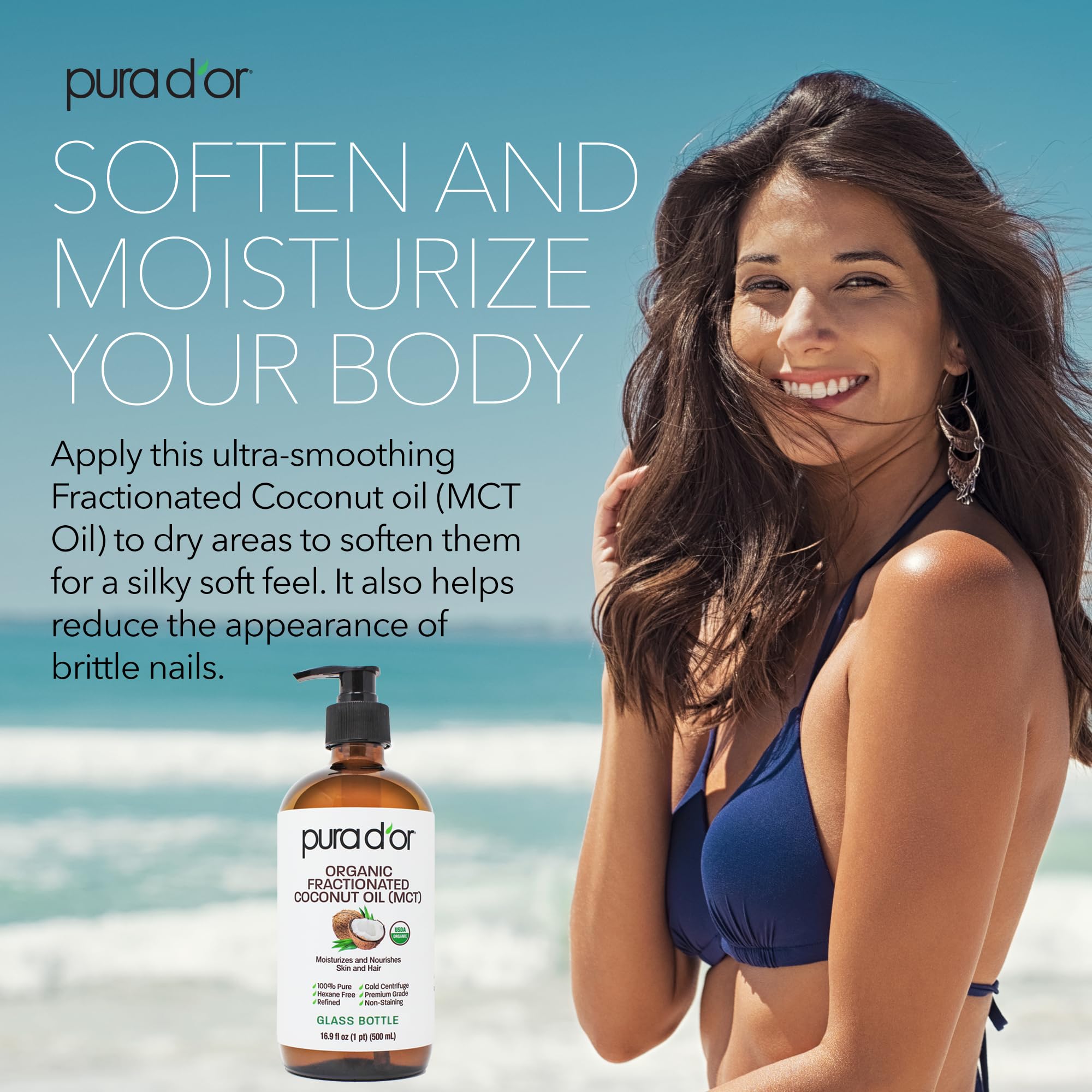 PURA D'OR fractionated coconut oil texture close-up shows light, non-greasy absorption.