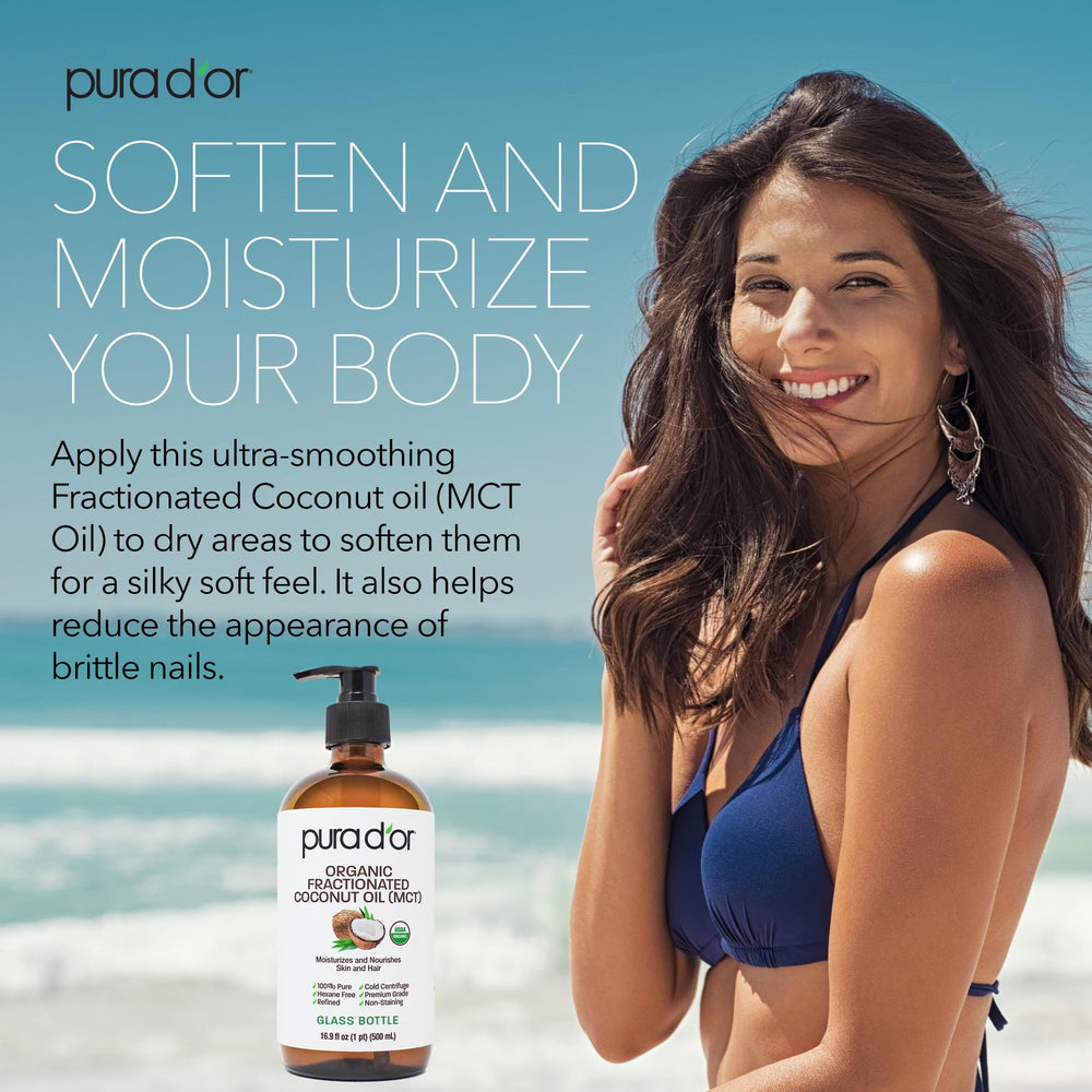 PURA D'OR fractionated coconut oil texture close-up shows light, non-greasy absorption.