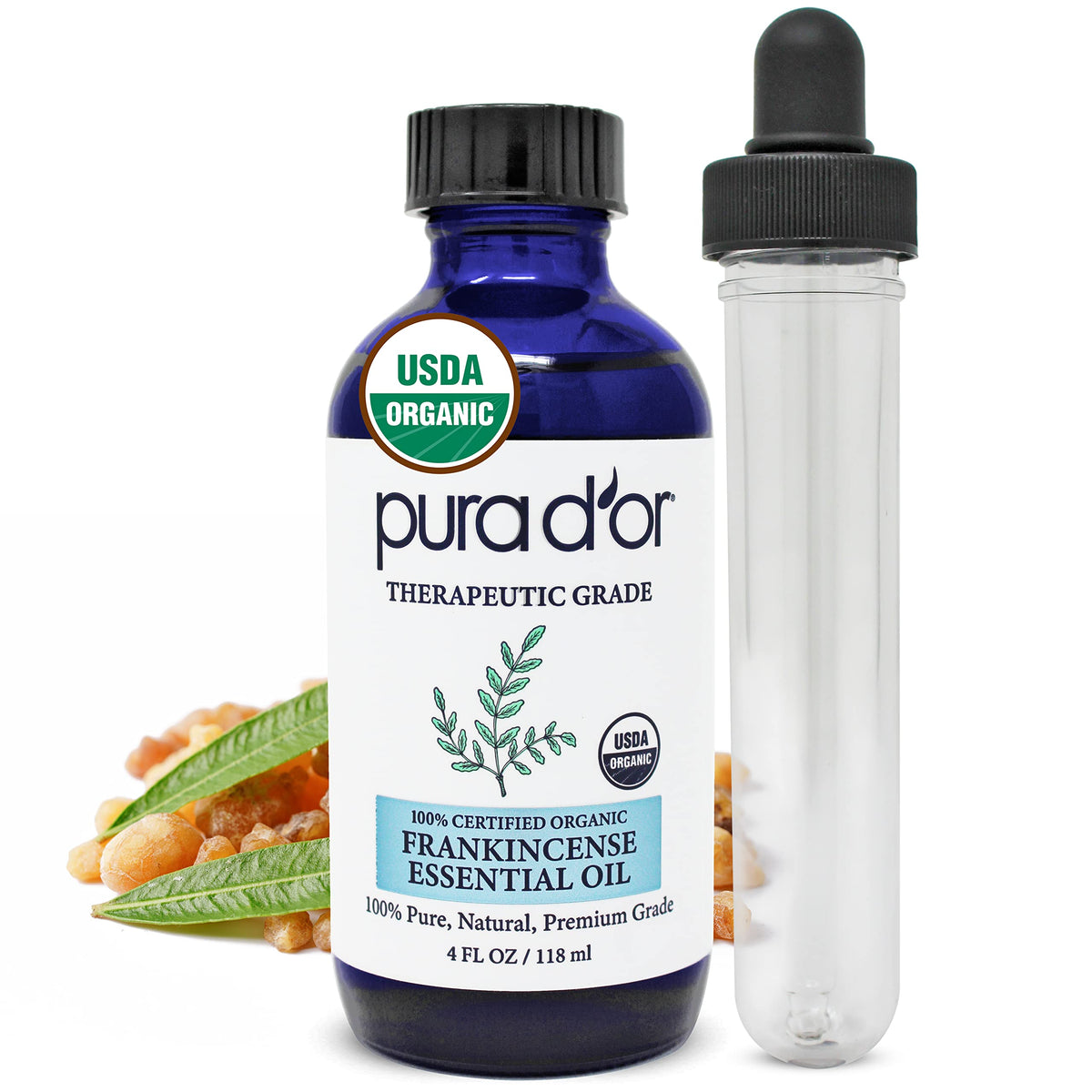 PURA D'OR Frankincense bottle pour for aromatherapy and skin care.