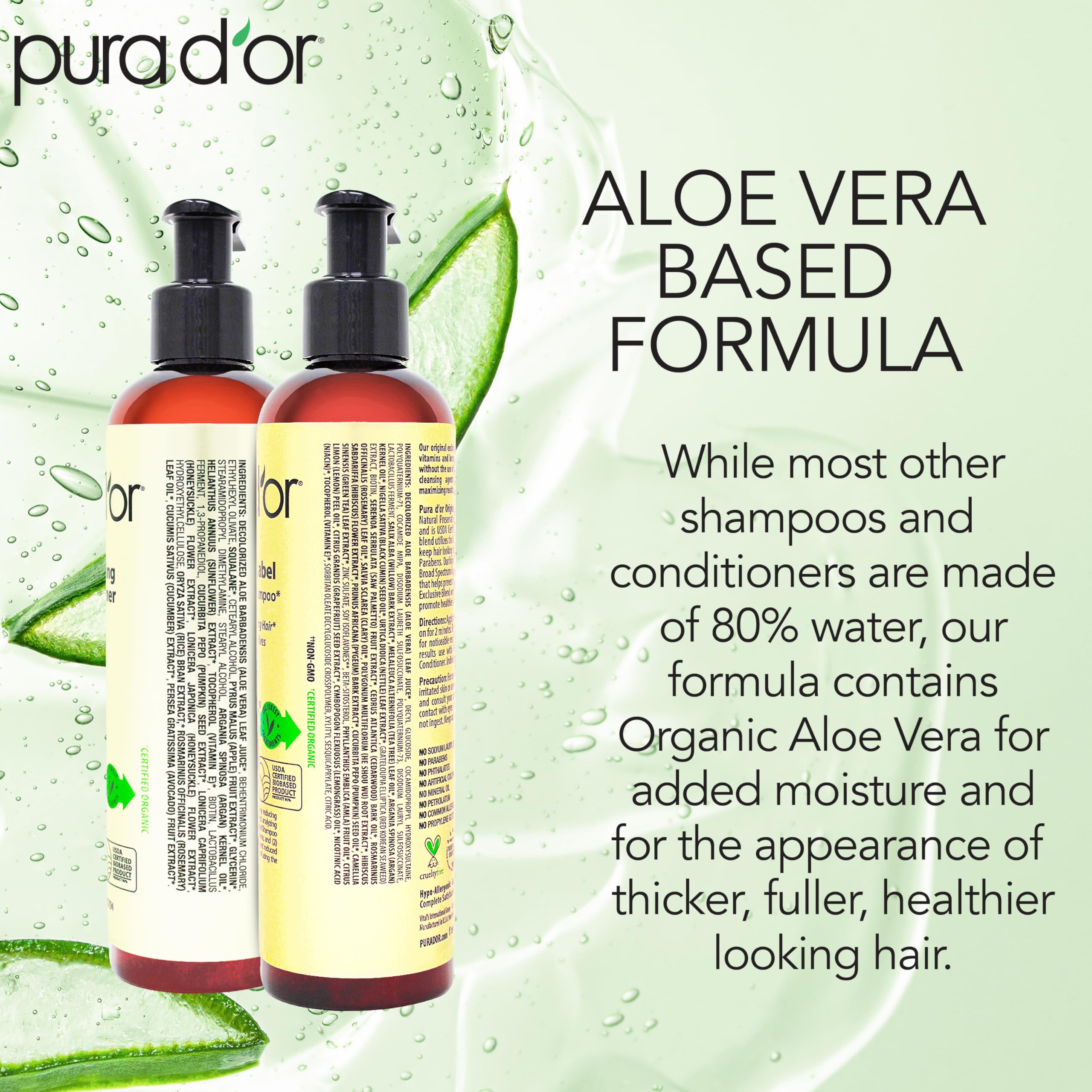 PURA D'OR Original Gold Label conditioner label closeup showcasing nourishing botanicals for stronger-looking hair.